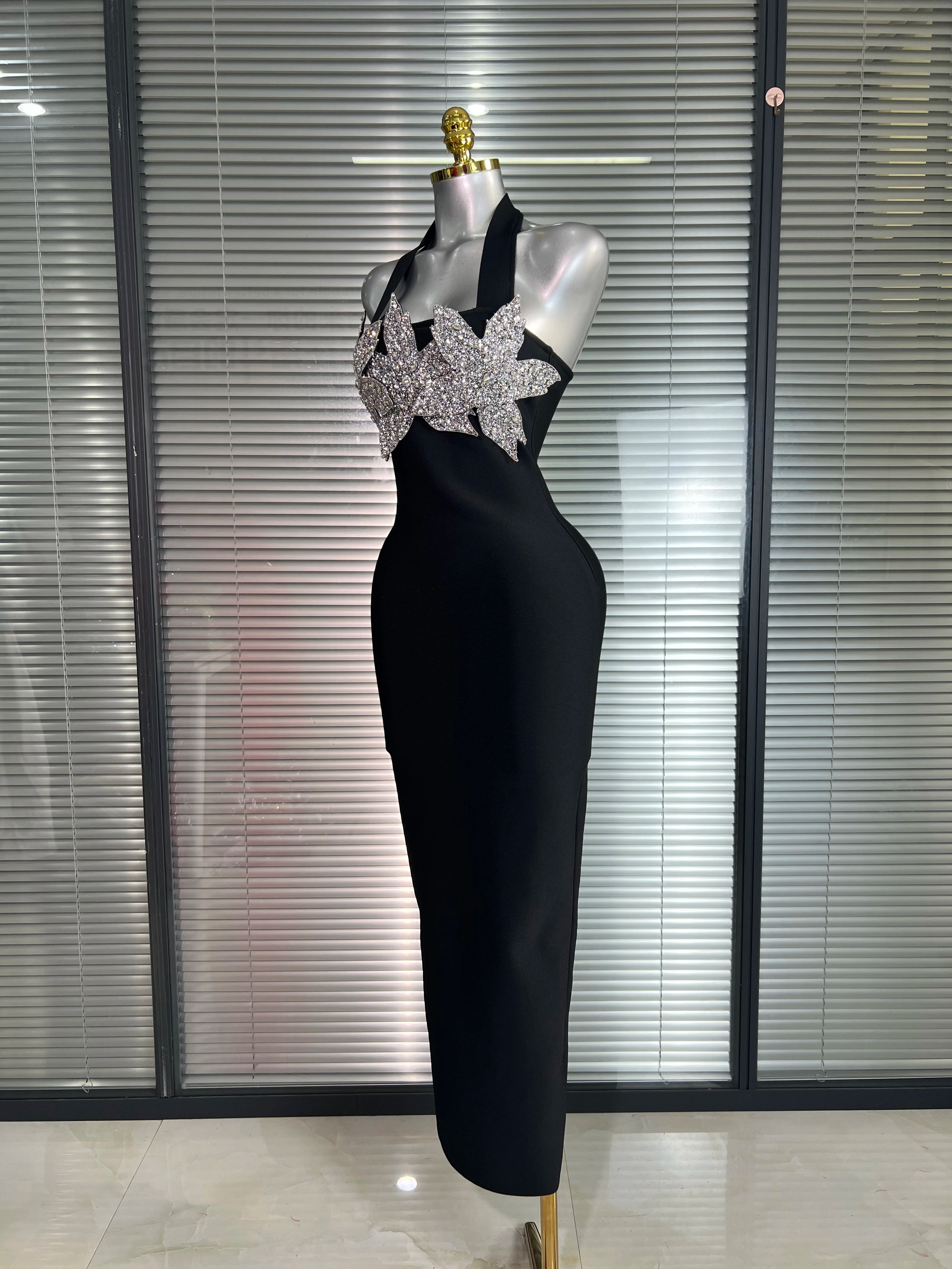Brand New Summer 2025 Women Black Halter Bodycon Bandage Bodycon Dress Crystal Evening Party Dress Vestido