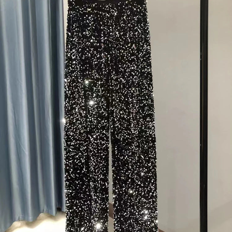 Y2k Pants Woman Elastic Waist Sequins Wide Leg Trousers Shiny Full Length Straight Female High Street