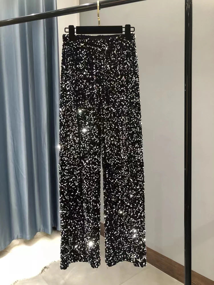 Y2k Pants Woman Elastic Waist Sequins Wide Leg Trousers Shiny Full Length Straight Female High Street