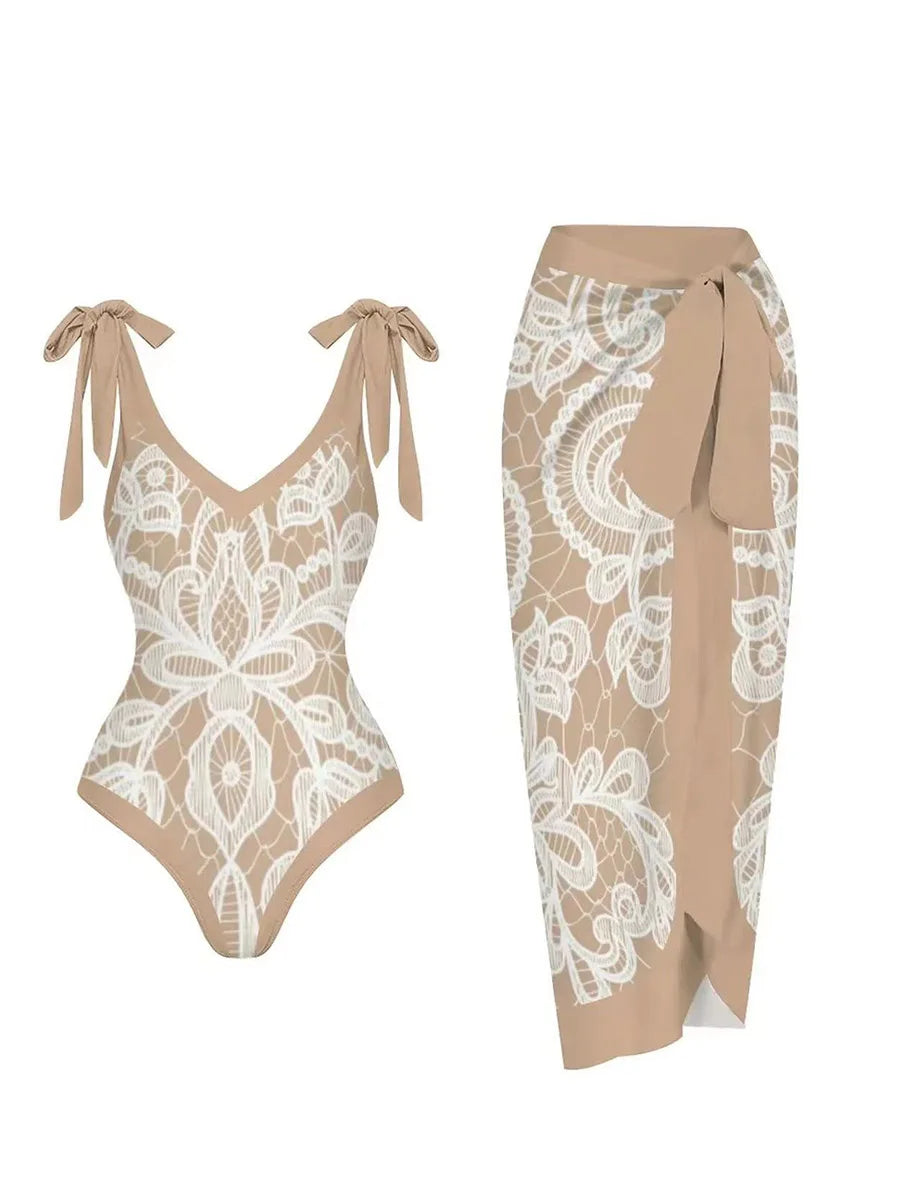 String One Piece Swimsuit & Vent Skirt Padded Sexy Swimwear Women Bathing Suit Female Swimming Summer Beachwear Bodysuit Beige