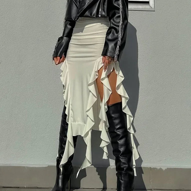 Tossy Tassel Summer Female Long Skirt Ruffled High Waist Broken High Split Fashion Pleated Sexy Solid Patchwork Maxi Skirt 2023