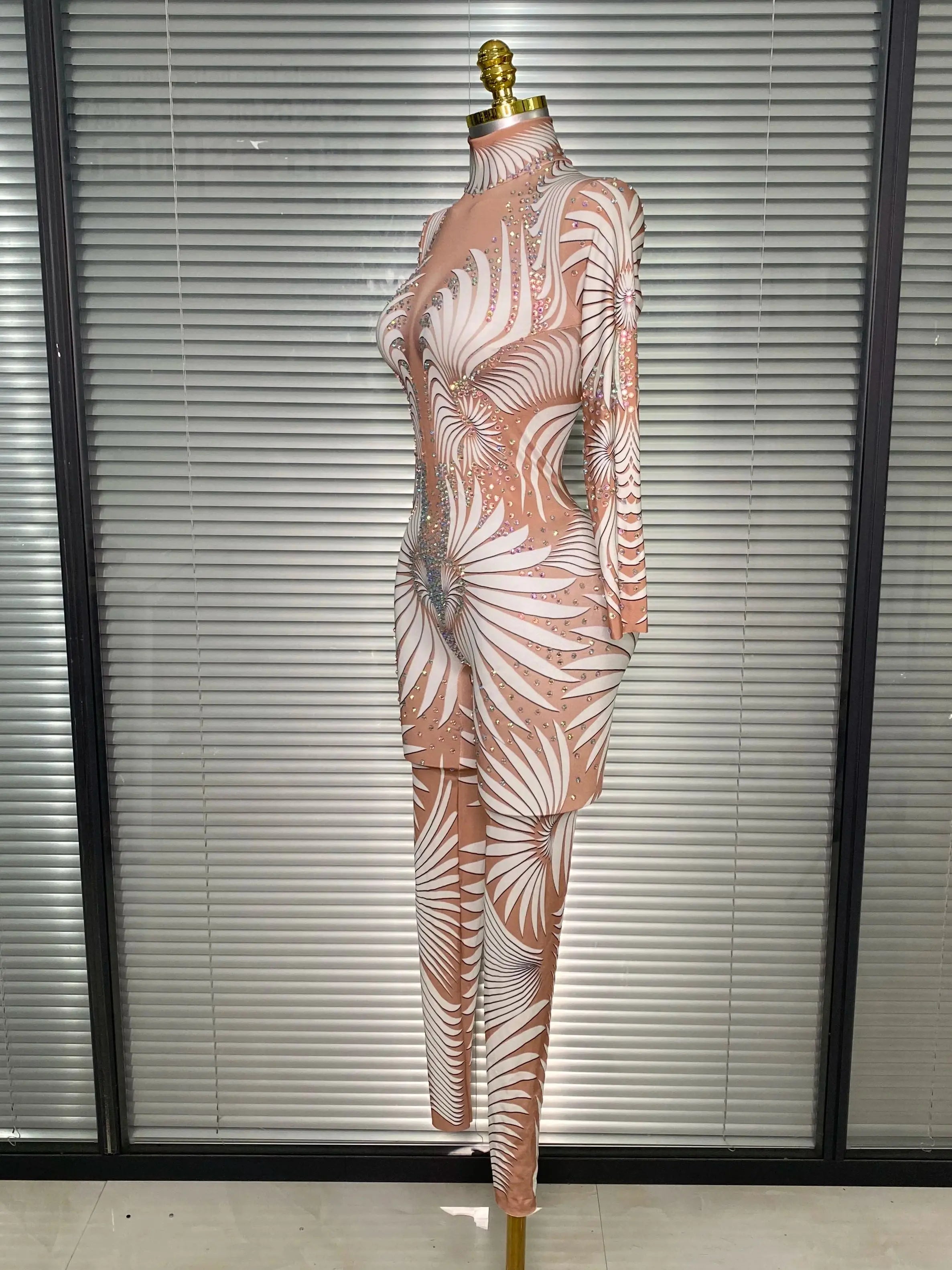 New 2025 Women Sexy Print Crystal Skin Bodycon Jumpsuit Celebrity Designer Stretchy Singer Dancer Night Club Rompers