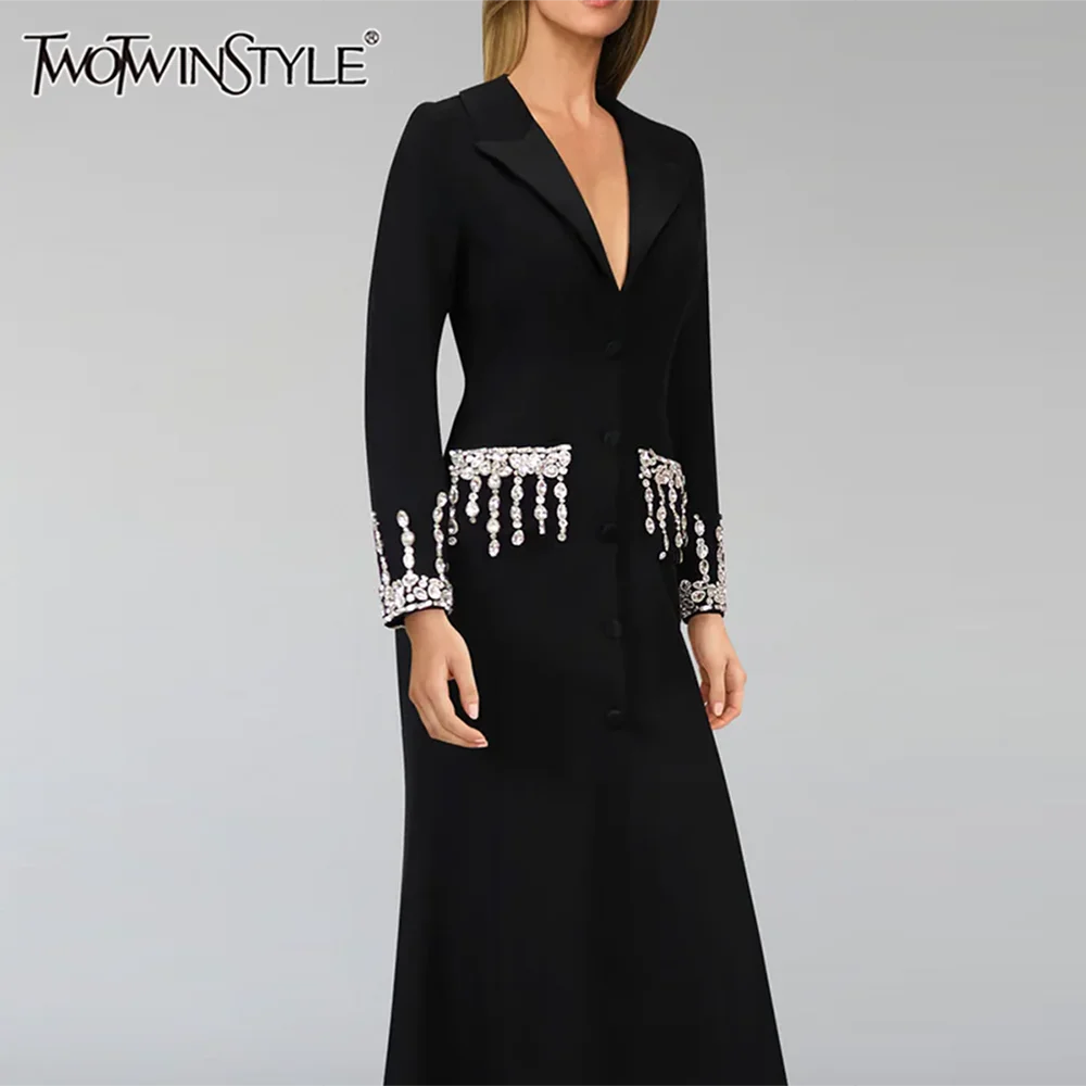 TWOTWINSTYLE Solid Slimming Spliced Diamonds Dresses for Women Lapel Long Sleeves Patchwork Single Breasted Dress Female Fashion