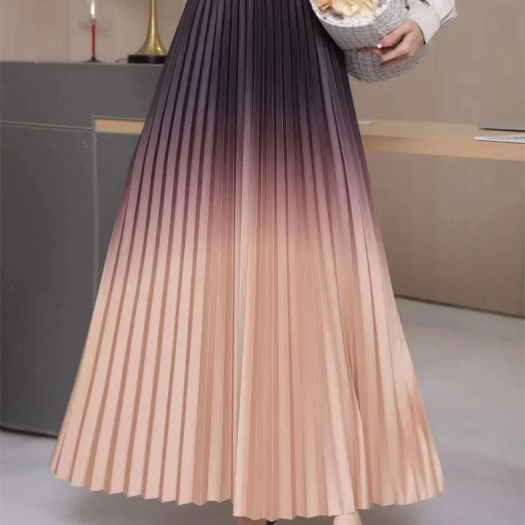 Floor-Length Long Pleated Skirt Women Gradient Color Lengthen Maxi Skirt Women Casual Patchwork Elegant Skirt Female Pink One Size