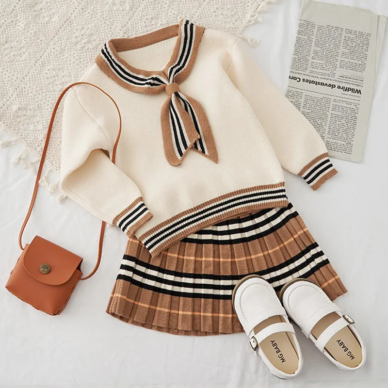 Spring Autumn Girls Knitted 2 Pieces Suit Top+skirt Fall Sets for Children Girls Clothing Kids Clothes Top Skrit 1