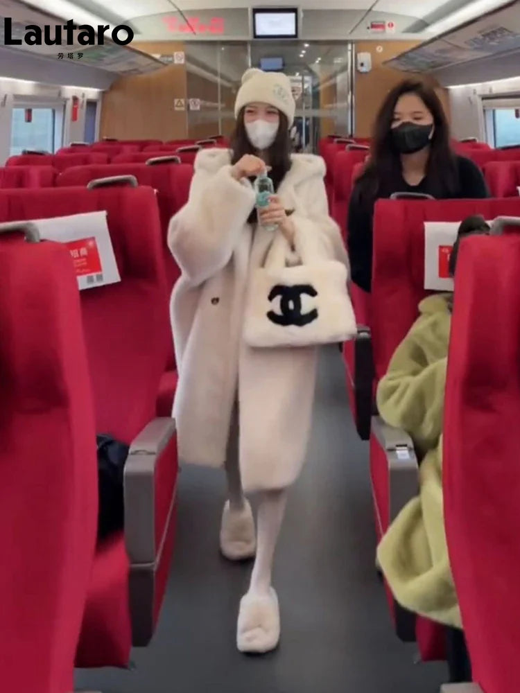 Winter High Quality Long Oversized White Thick Warm Teddy Bear Coat Women with Hood Loose Casual Korean Fashion 2023