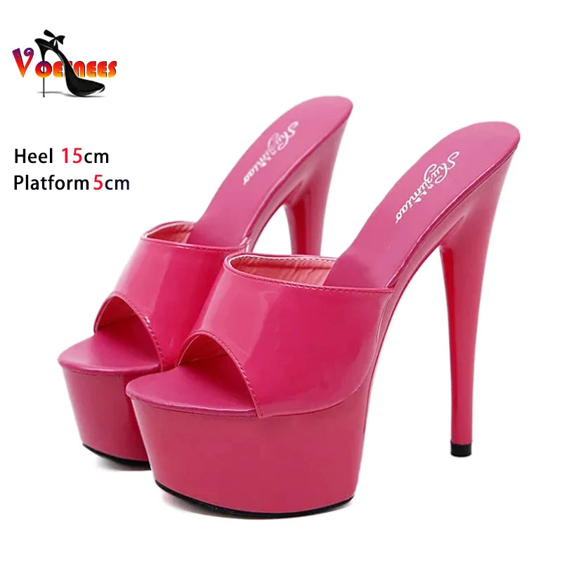 Patent Leather Women Shoes Thin Heels Sexy Waterproof Platform High Heels Sandals Female Summer Slip On Slippers Size 43