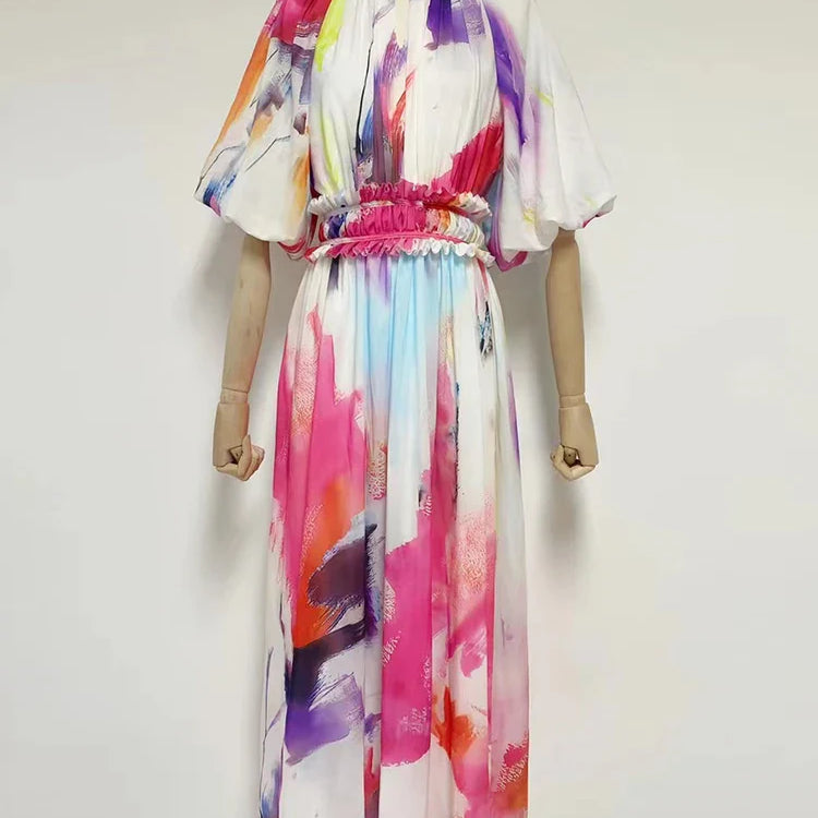 VGH Tie Dye Slim Dress Female Stand Collar Puff Half Sleeve High Waist Spliced Ruffles A Line Long Dresses Female Summer Clothes print