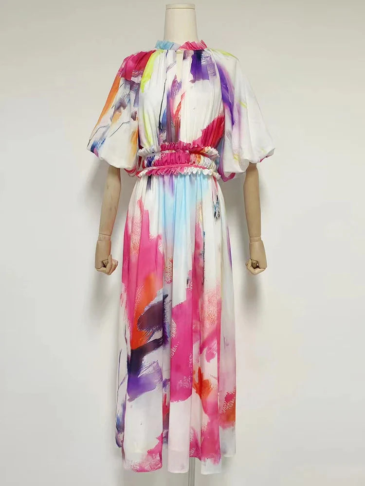 VGH Tie Dye Slim Dress Female Stand Collar Puff Half Sleeve High Waist Spliced Ruffles A Line Long Dresses Female Summer Clothes print