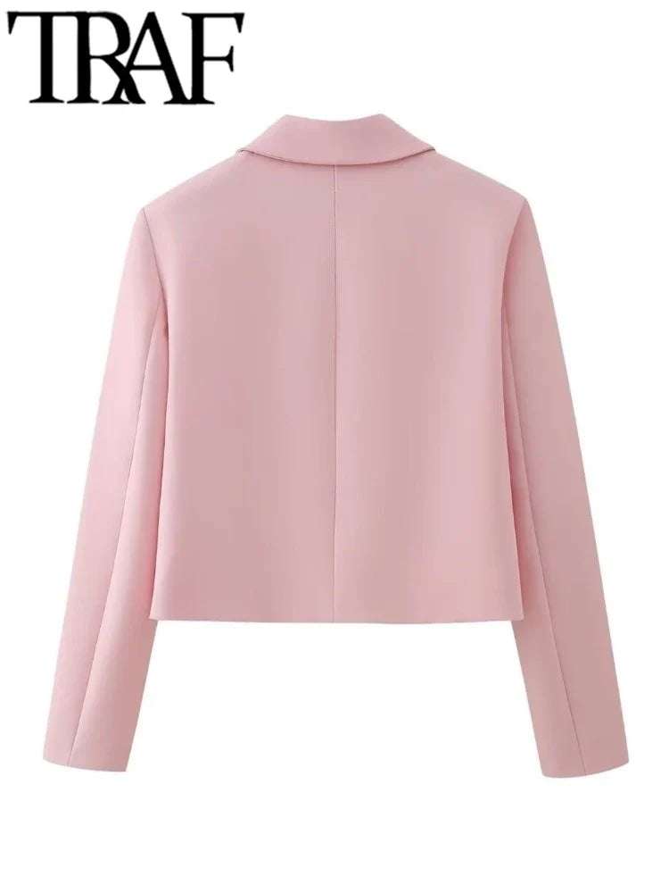 TRAF Spring Elegant Women Pink Y2K Short Blazer Metal Flower Button Long Sleeve Female Suit Jacket Turn Down Collar Tops