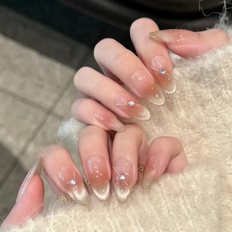 24Pcs Medium Almond Rainbow Colors Gradient Press on Nails Full  Cover Summer Cat Eye Design Wearing Fake Nails with Jelly Glue