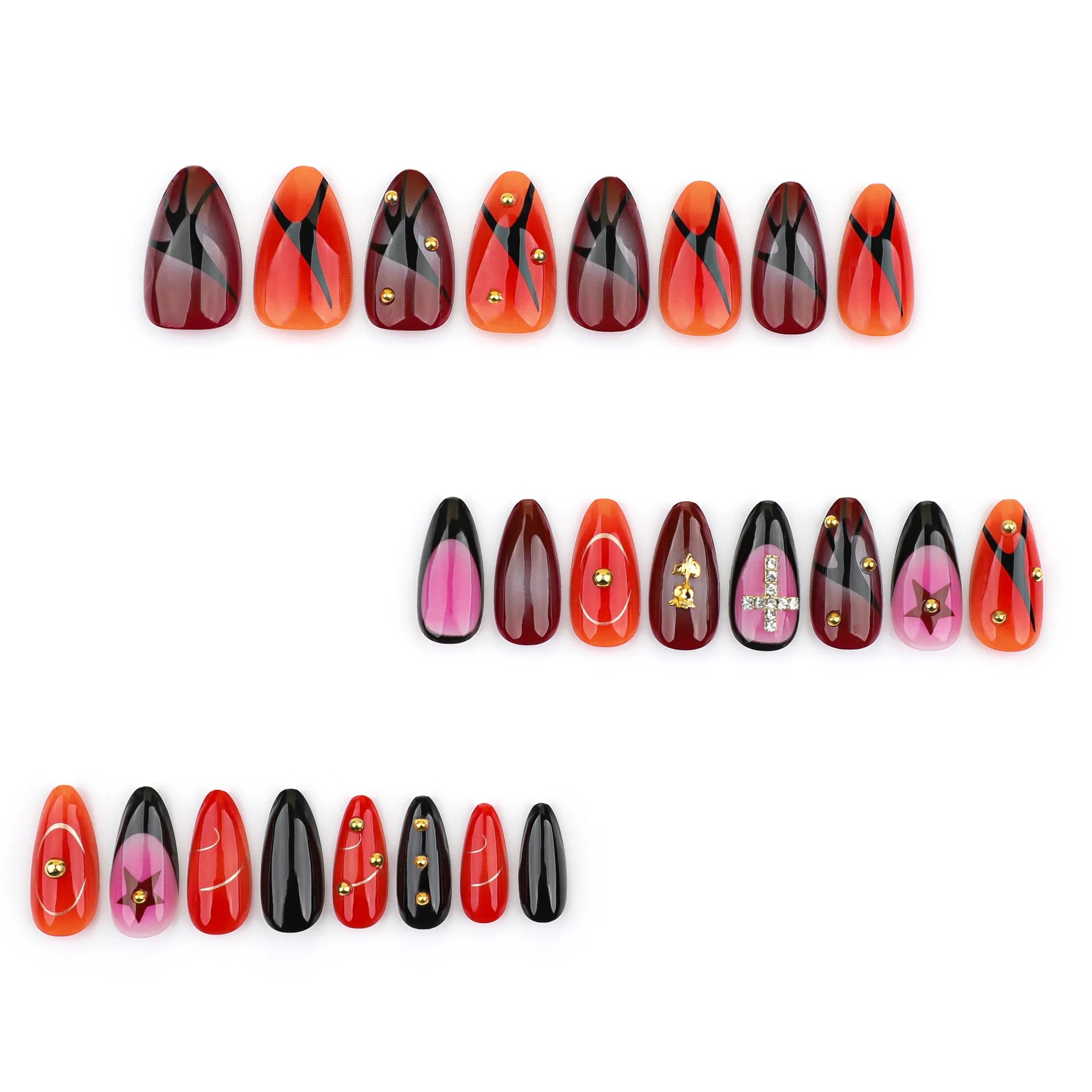 24 peças de unhas postiças de metal 3D com rosas, cobertura total, amêndoa, estilo punk gótico Spice Girls Y2K, pontas de unhas postiças