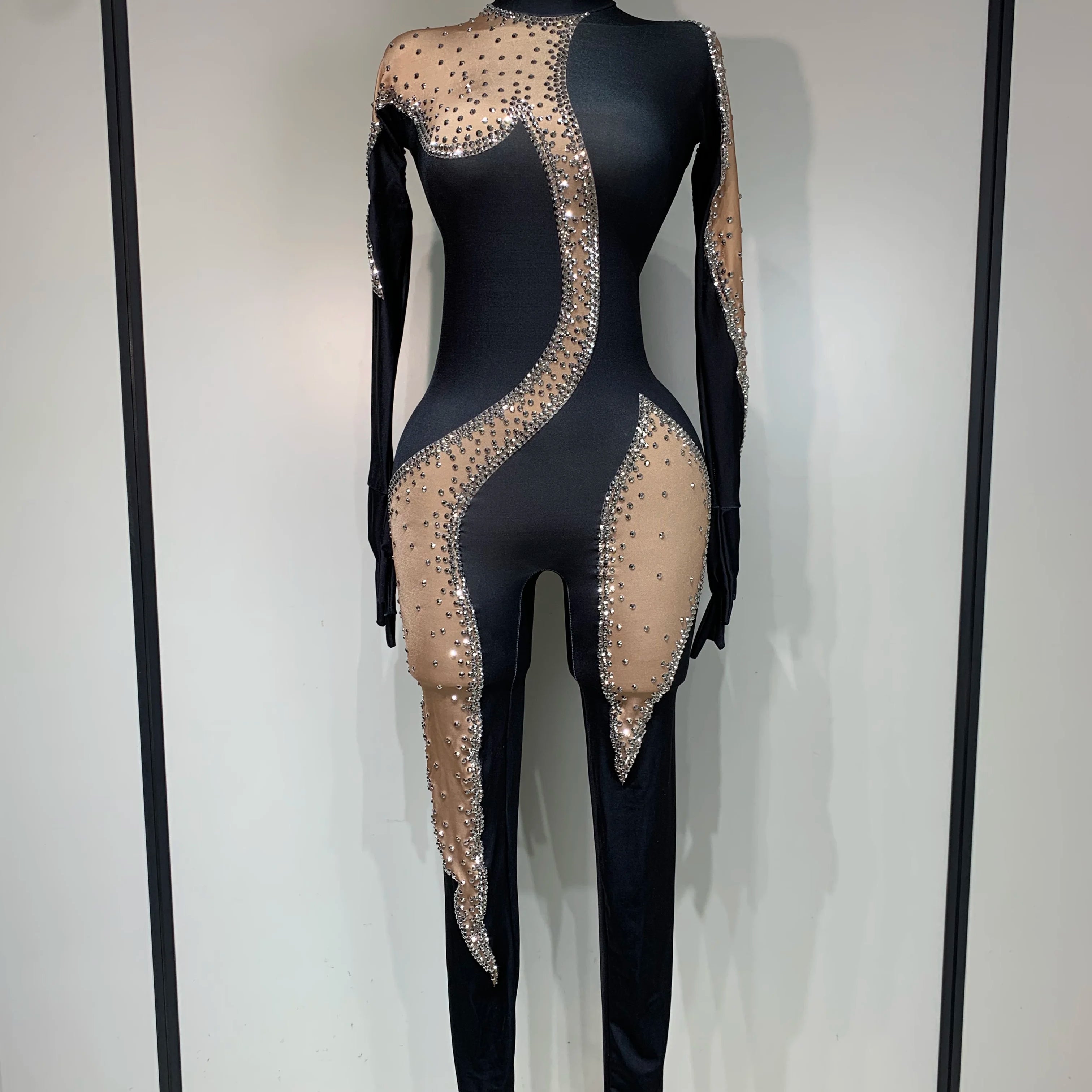 Fashion Sparkly Rhinestone Bodycon Bodysuit Female Singer Dancer Stage Perform Outfit Luxury Birthday Club Drag Queen Costume