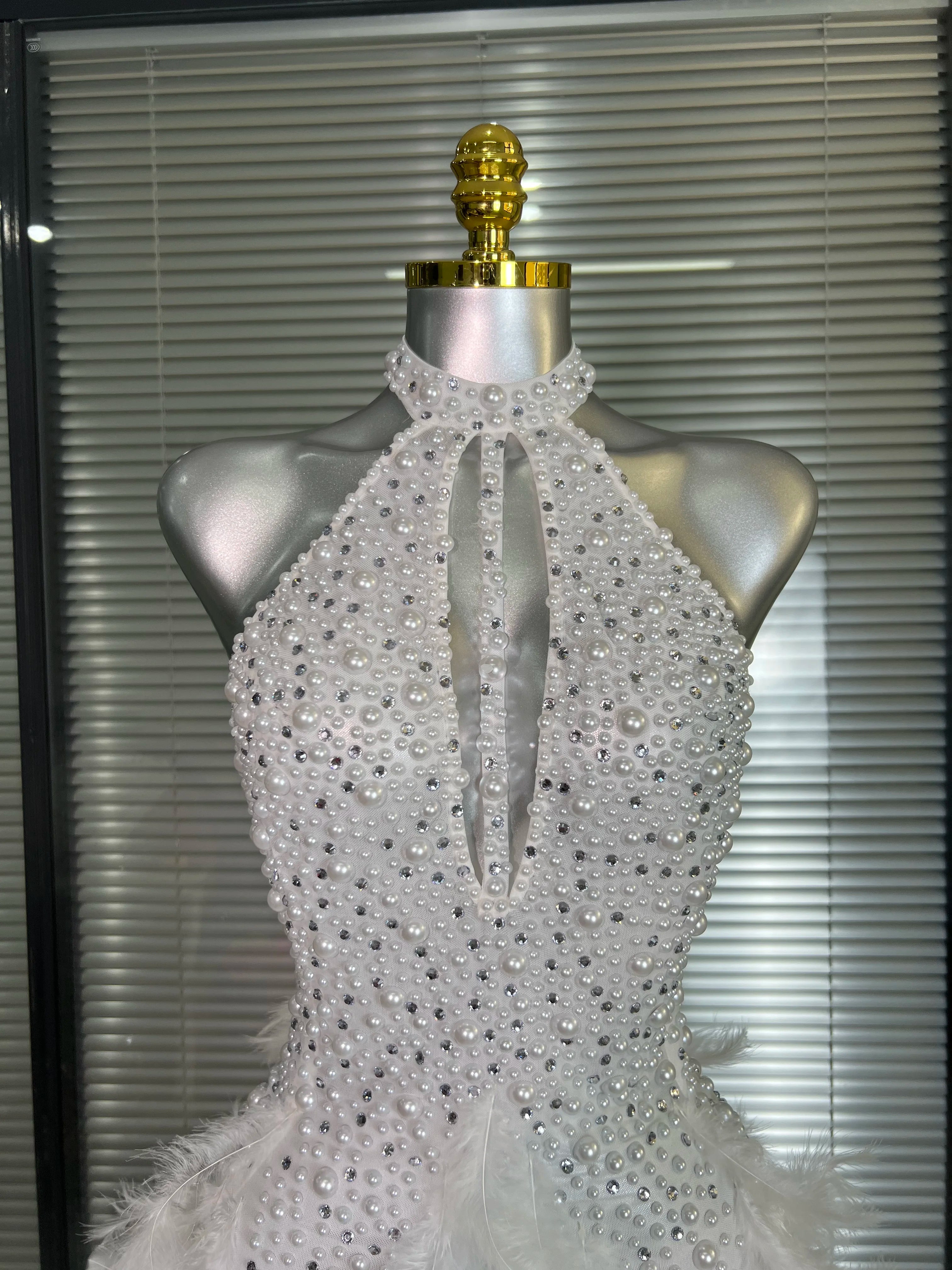 Women Sexy White Backless Mesh Crystal Diamonds Feathers Performance Costume Stage Dancer Mini Stretchy Night Club Party Dress