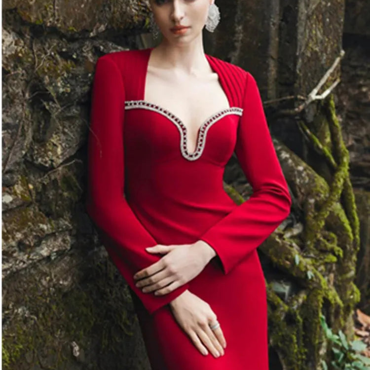 Vestido longo feminino sexy de manga comprida com diamantes, vermelho, longo, bandagem justa, 2025, elegante, roupa para festa noturna