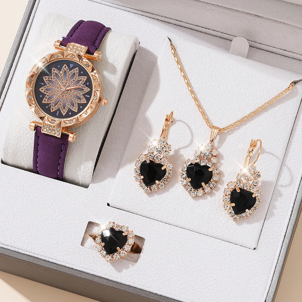 5pcs Set Watches Women Leather Band Ladies Watch Simple Casual Women's Analog WristWatch Bracelet Gift Montre Femme 5pcs set purple A