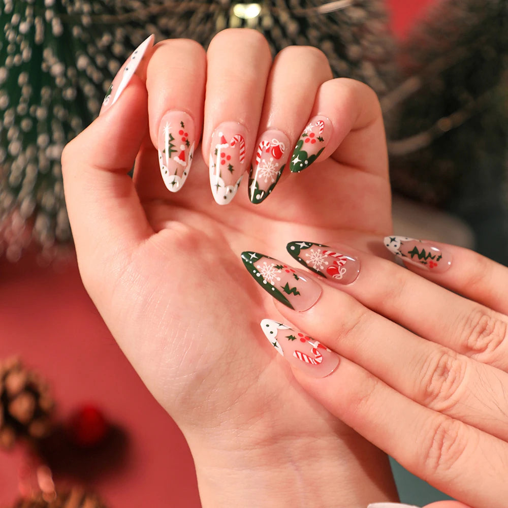 24Pcs/Box Christmas Women Wearable Fake Nails Finished Full Cover Europe America Christmas Collection Short Flat Nails Art Gift 55