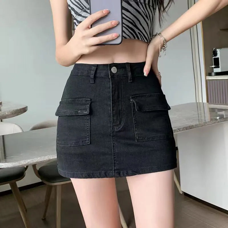 Korean High Wiast Denim Mini Skirt Women Sexy Hot Girl Tight Bag Hip Skirts Female Slim Anti-Glare Short Skirts Female black