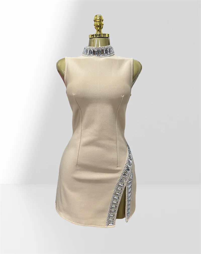 New Summer Super shining Diamonds O-neck Sleeveless Bandage Mini Dress Fashion Woman Birthday Party Dress Music Festival Outfit