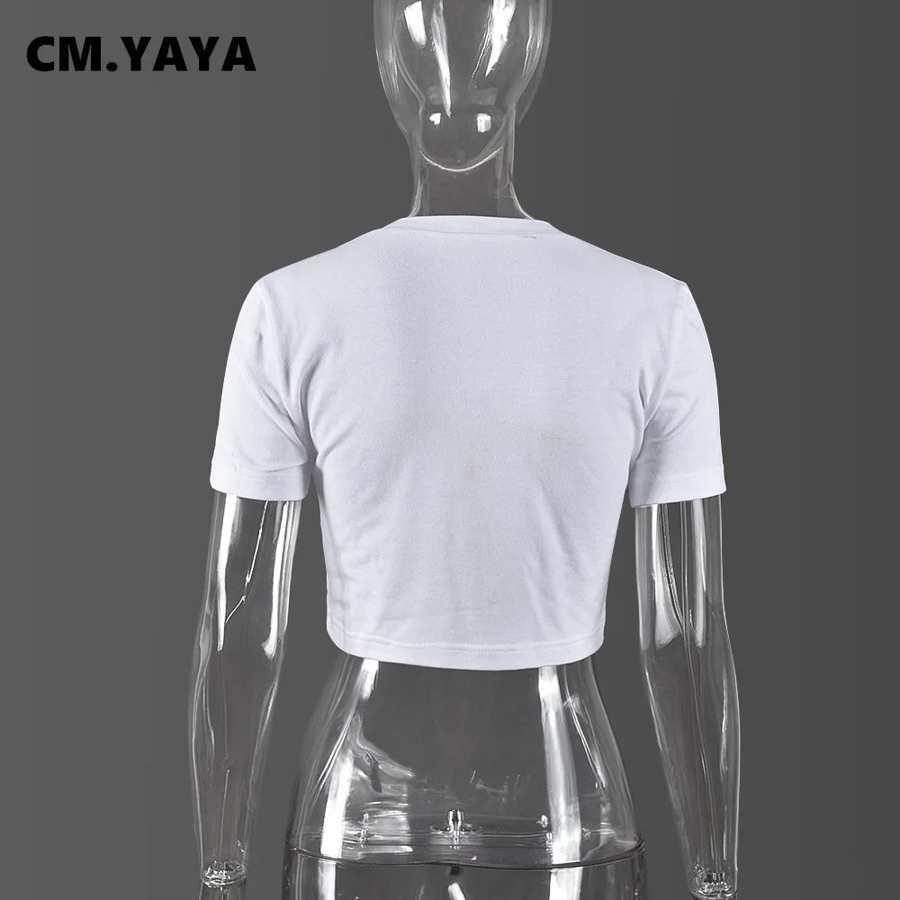 CM.YAYA Women Fashion Diamonds Hot Rhinestones Bowknot Short Sleeve T-shirt Streetwear Elastic INS Tee Tops