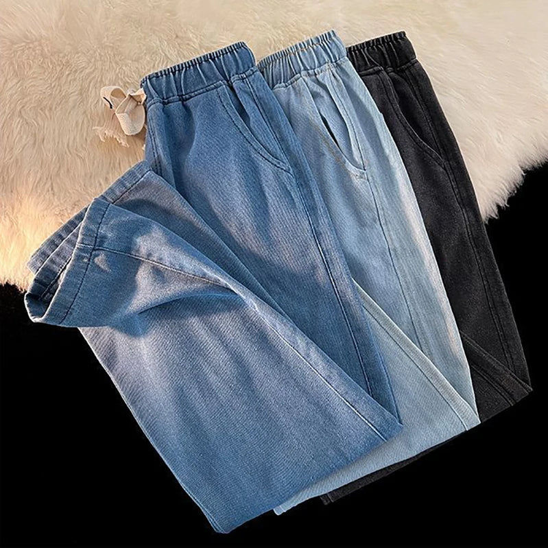 Spring And Winter Wide-leg Jeans Women Loose Straight Leg All Draped Trousers Students High-waisted Nine-point Pants