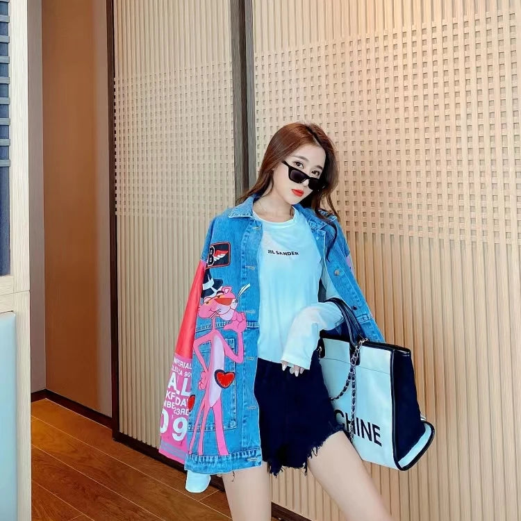 Spring Autumn Women Fashion Sequins Cartoon Leopard Denim Jackets Loose Lady Streetwear Coats Chic Outwear