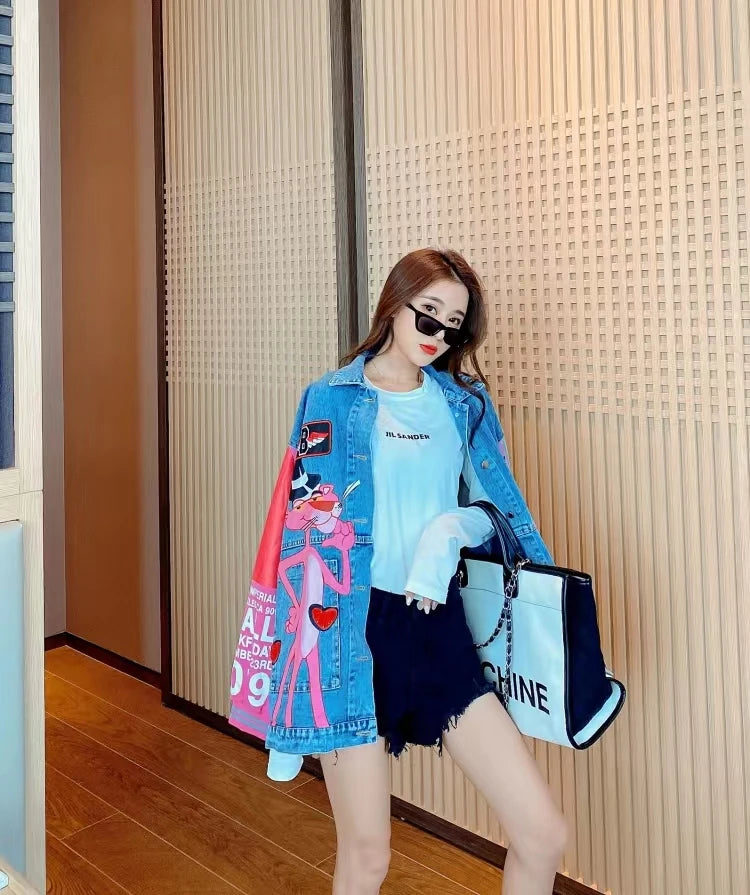Spring Autumn Women Fashion Sequins Cartoon Leopard Denim Jackets Loose Lady Streetwear Coats Chic Outwear