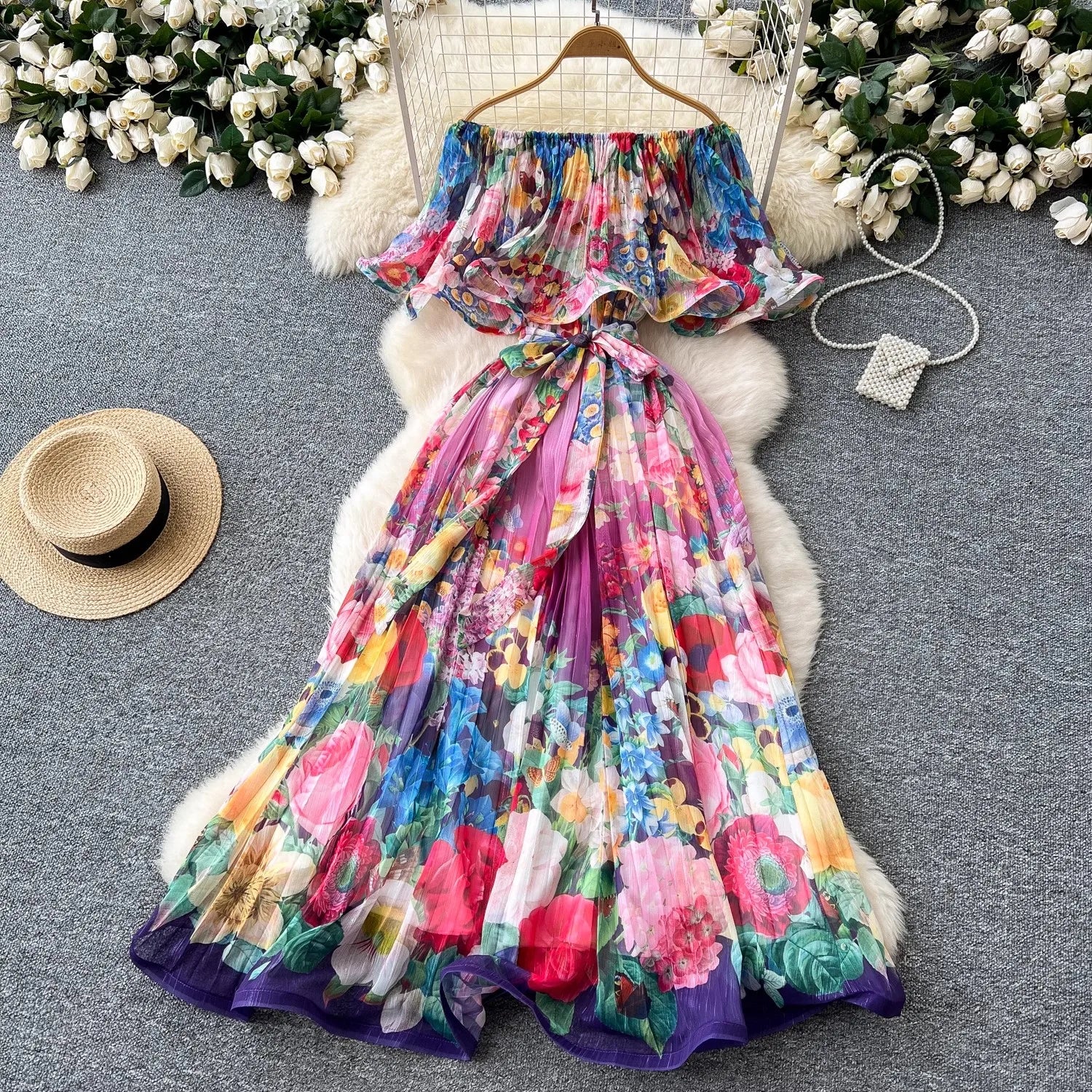 Summer Off Shoulder Gorgeous Flower Holiday Dress Women's Slash Neck Ruffles Batwing Sleeve Print Casual A-Line Beach Vestidos