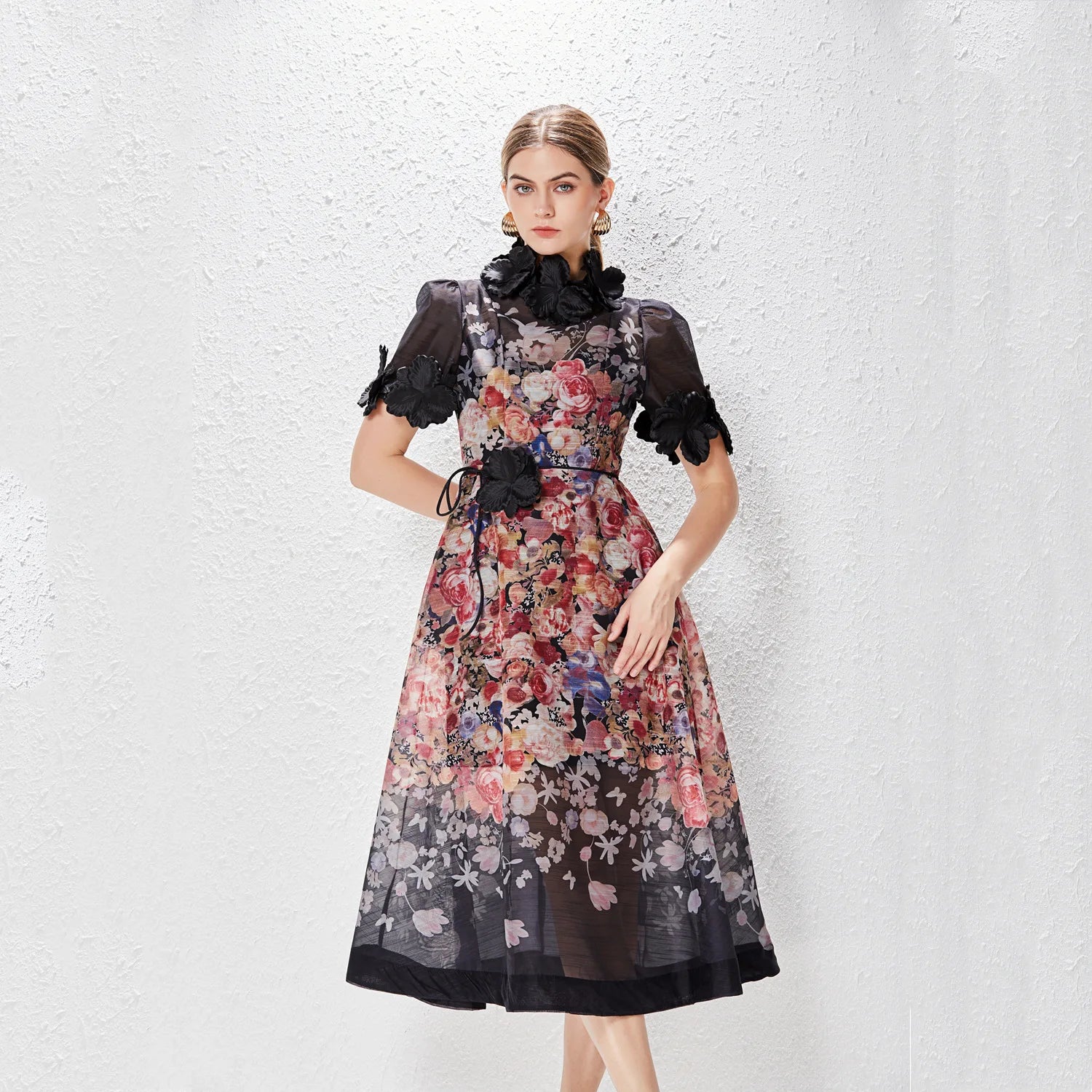 NEW Women Floral Mini Dress Spring Summer Printed Standing Collar Short Sleeve Vestido Ladies Holiday Party Vintage Dresses Black Long