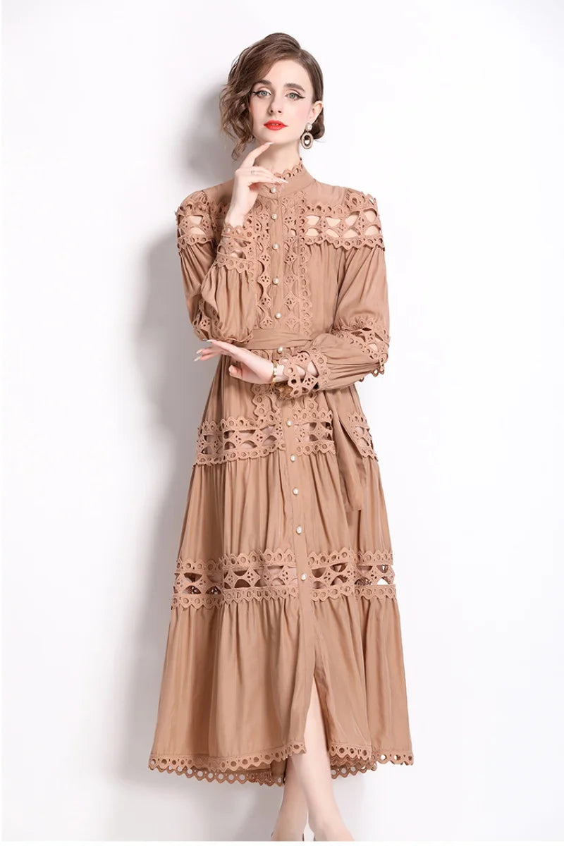 Spring Autumn Stand Collar Lace Hollowed Out Single Breasted Dress Women's Vintage Elegant Full Sleeve Rnnway Long Dress