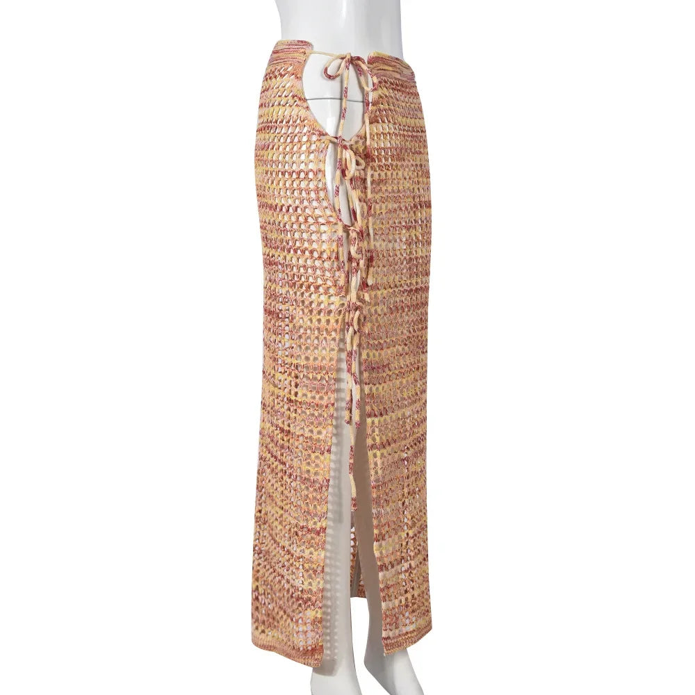 Colorful Crochet Knitted Women Summer Beach Maxi Skirt Hollow Out Side Split Lace Up High Waist Stretch Holiday Bikini Cover Ups
