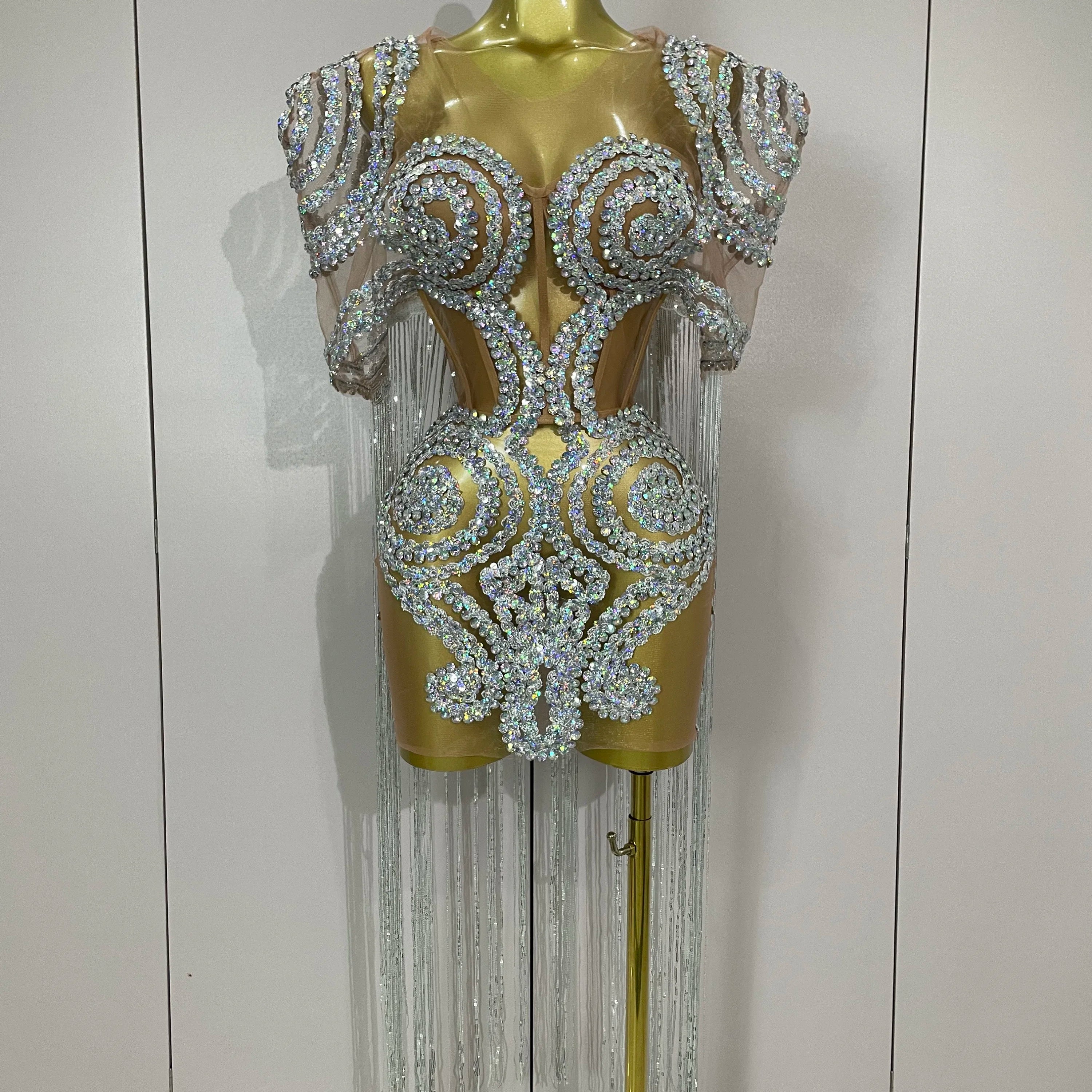 Stock Sparkly Rhinestones Sequins Sexy Mesh Tassels Cape Short Dress 2025 Women Evening Birthday Party Nightclub Stage Costume