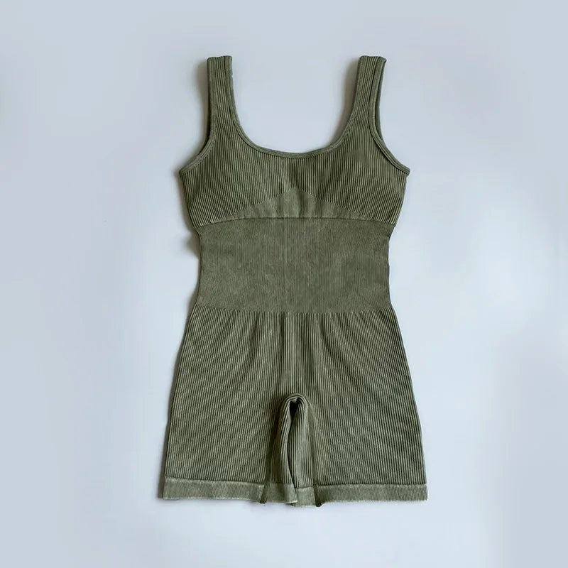 Women's Yoga Jumpsuits Ribbed One Piece Padded Tank Tops Rompers Sleeveless Acid Wash Activewear Unitard Sexy Bodycon Army green