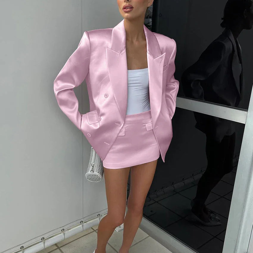 Clacive Fashion Loose Pink Satin 2 Piece Sets Women Outfit Elegant Long Sleeve Blazer With Mid Waist Mini Skirts Set Female