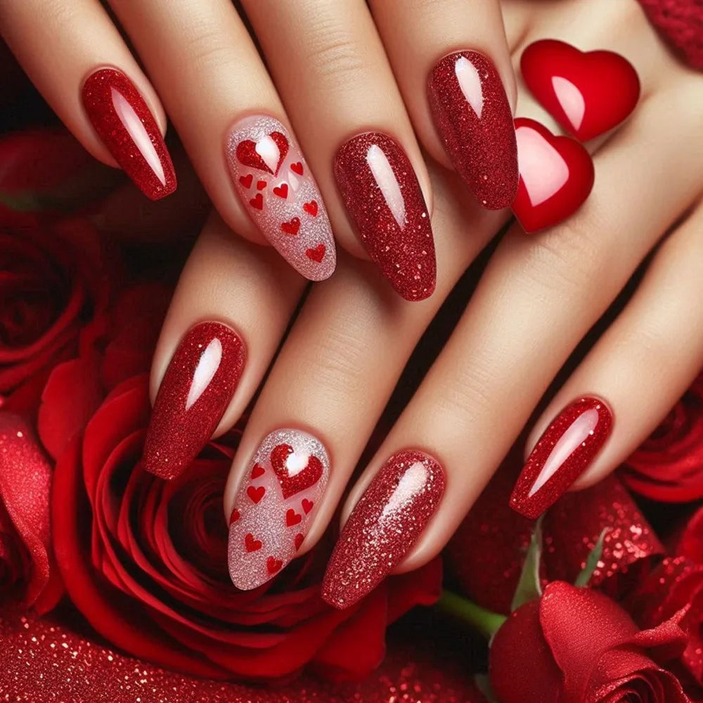 24pcs Romantic Valentine's Day Press on Nails Pink Love Couple False Nails Wearable Spicy Girl Square Head Fake Nails for Women