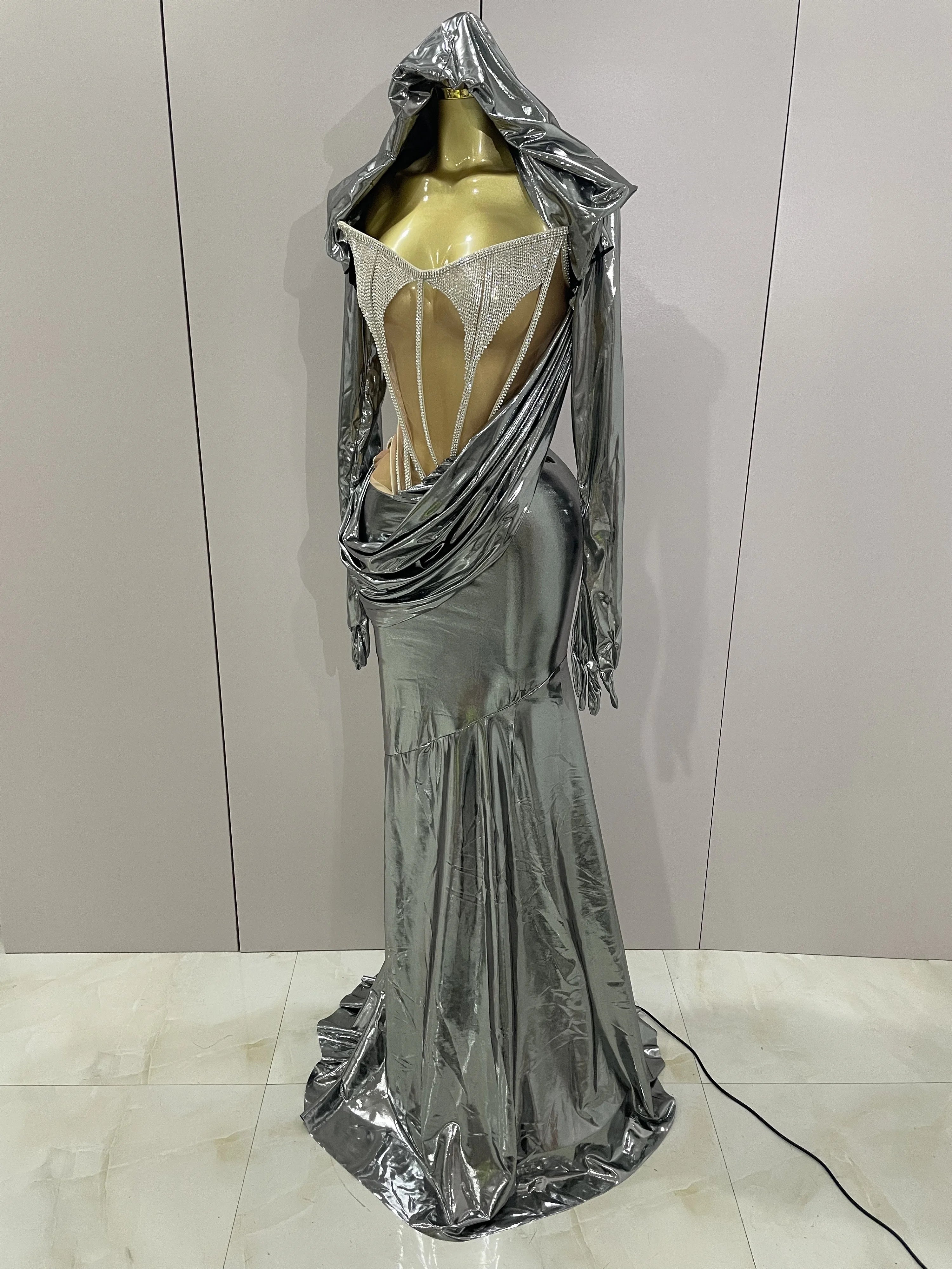 Fantasia de palco brilhante para boate Gogo, vestido de festa feminino, roupa de carnaval, festival, roupa bacana, vestido com capuz, conjunto de duas peças