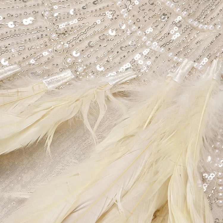 VC Nude Strapless Crystals Embellished Long Dress Sheath Low V Neck Sleeveless Feather High Side Slit Floor Length Evening  Gown