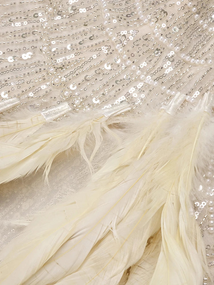 VC Nude Strapless Crystals Embellished Long Dress Sheath Low V Neck Sleeveless Feather High Side Slit Floor Length Evening  Gown