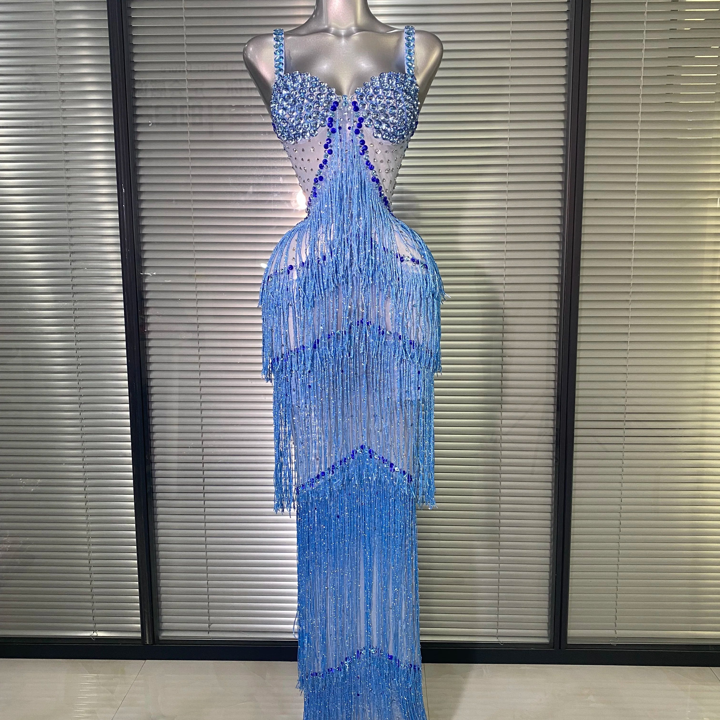 New Women Sexy Mesh Crystal Diamonds Maxi Dress See Through Blue Tassel Party Stage Costume Stage Performance Dress