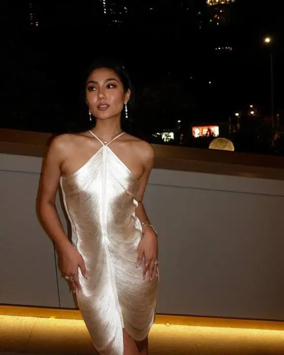 Sexy Fashion Metallic Halter Mini Dress For Women Female Sleeveless Backless Sliming Vestidos Lady Party Club Evening Gown Robe Gold S