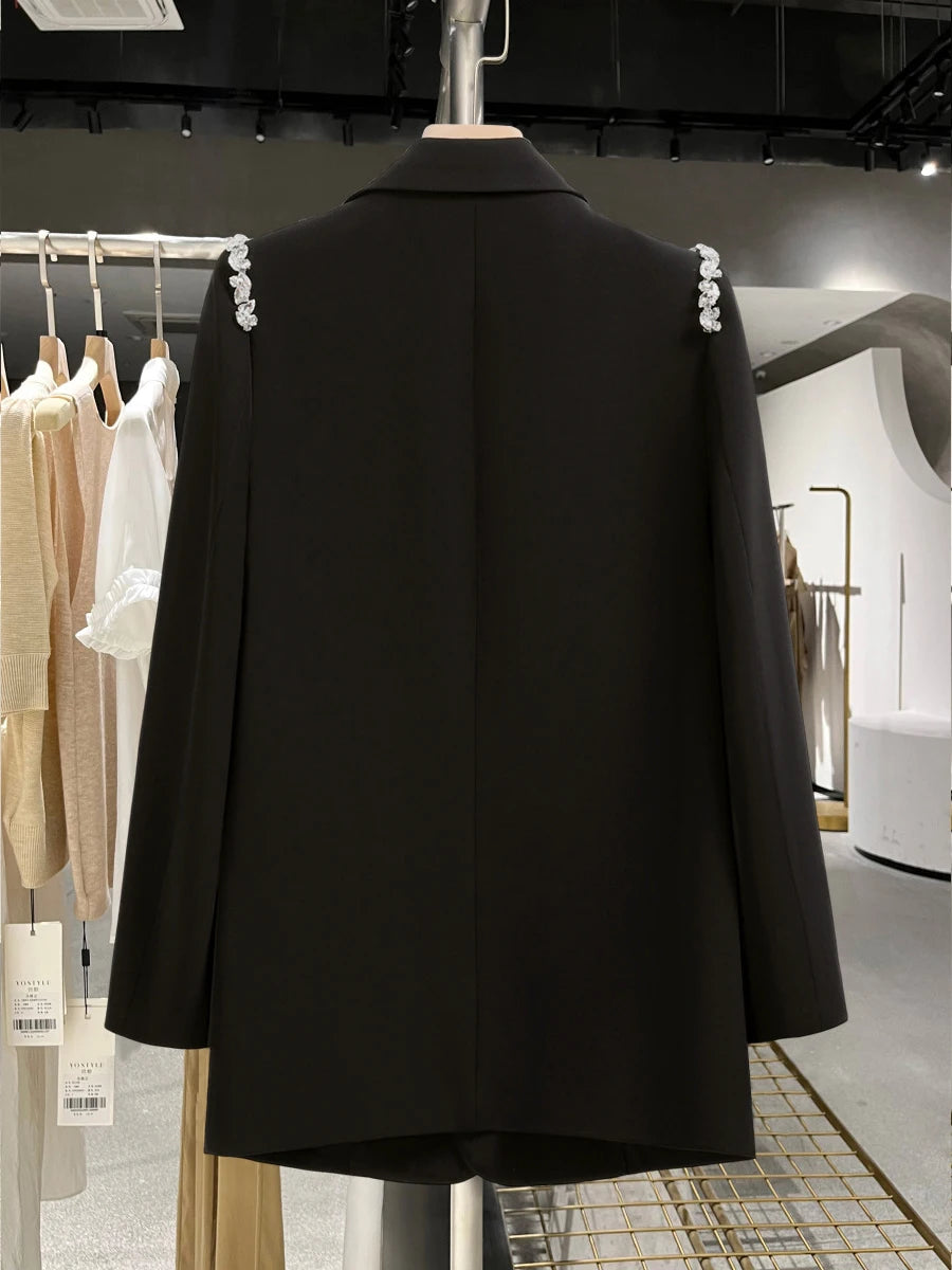 TWOTWINSTYLE Solid Loose Spliced Button Casual Jackets for Women Lapel Long Sleeves Patchwork Bead Jacket Female Fashion Clothes