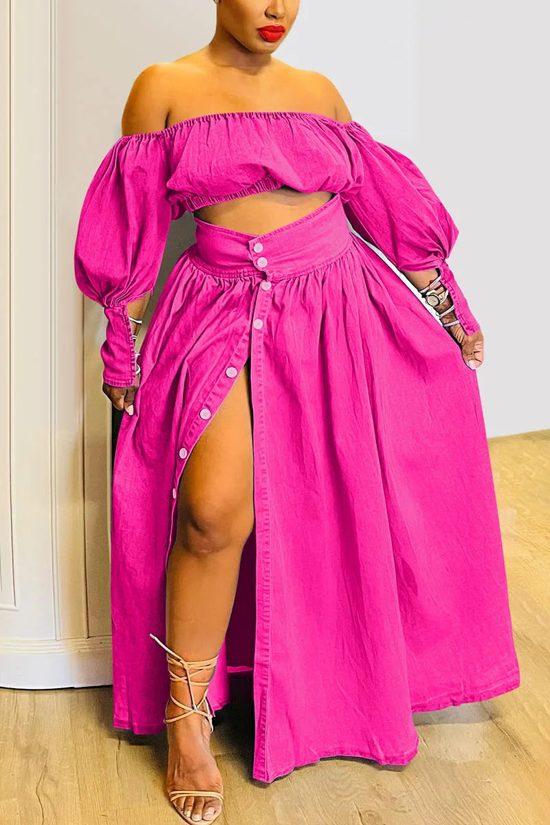 Women Denim Two Piece Set Plus Size Split Hem Off the Shoulder Elegant Puff Sleeve Elastic Top and High Waist Skirt Set Outfits