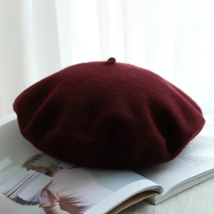 Wool Thick Berets Artist French Beret Women Painter Hat Girls Female Warm Walking Cap wine red 55-57cm