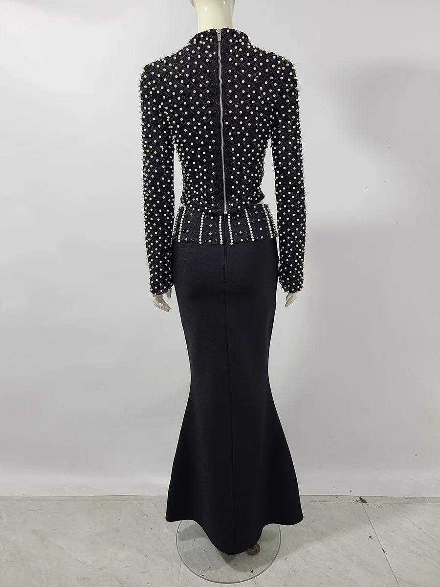 High Quality Women Long Sleeve Sexy Beading Tops 2 Pieces Bodycon Bandage Skirt Set Elegant Evening Party Celebrate Outfit