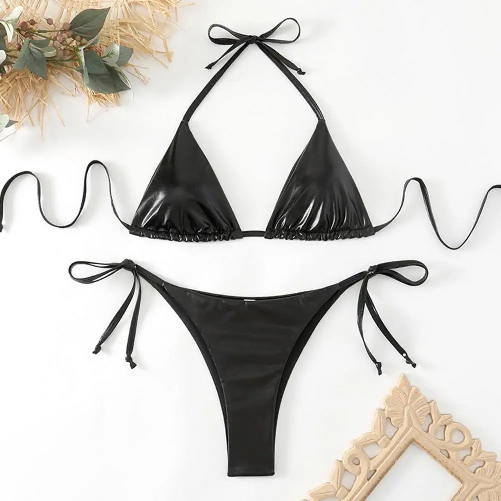 Bikini Women Swimsuit New Gold Halter Lace Up Bikinis Set Sexy Swimwear Beach Cover Up 2 Piece Beach Bathing Suit Female
