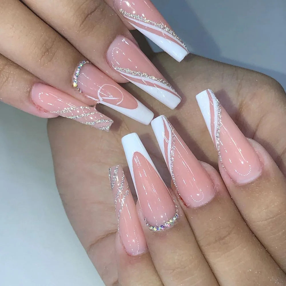24Pcs Long Ballet False Nails with Butterfly Rhinestone Design Coffin French Fake Nails Purple Press on Nails Wearable Nail Art