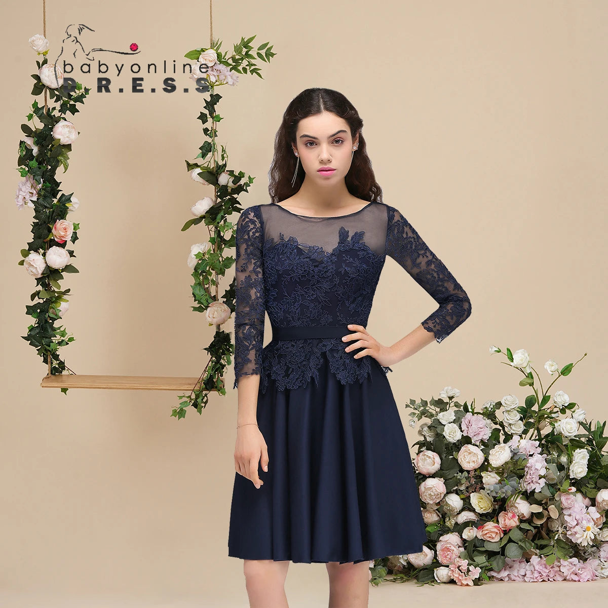 A-line Scoop Long Sleeves Lace Homecoming Dress Chiffon A Line Skirt Short Knee-Length Formal Party Gown Prom
