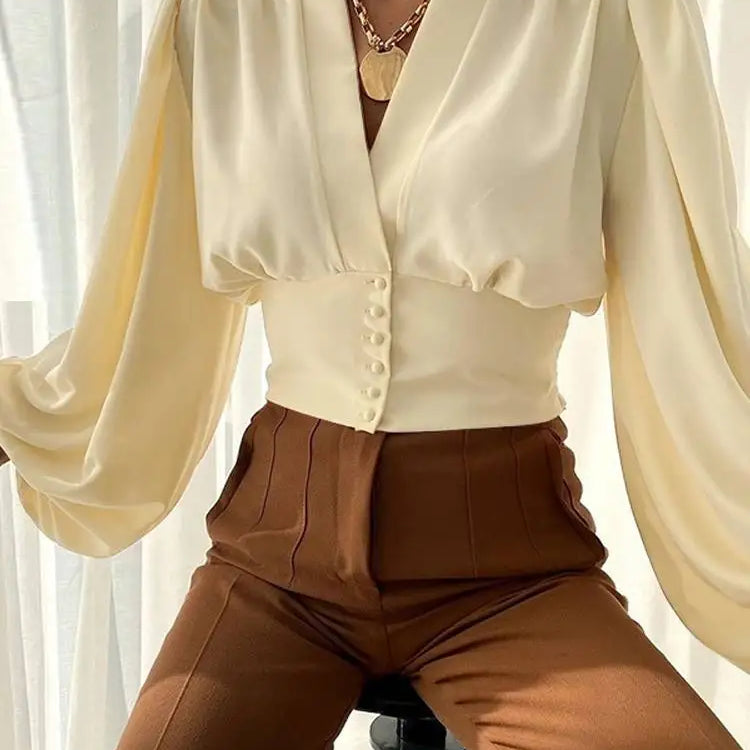 Vintage Blouses for Women Fashion Lantern Long Sleeve Buttons Front Crop Tops Sexy V-neck Shirts French Party Blusas
