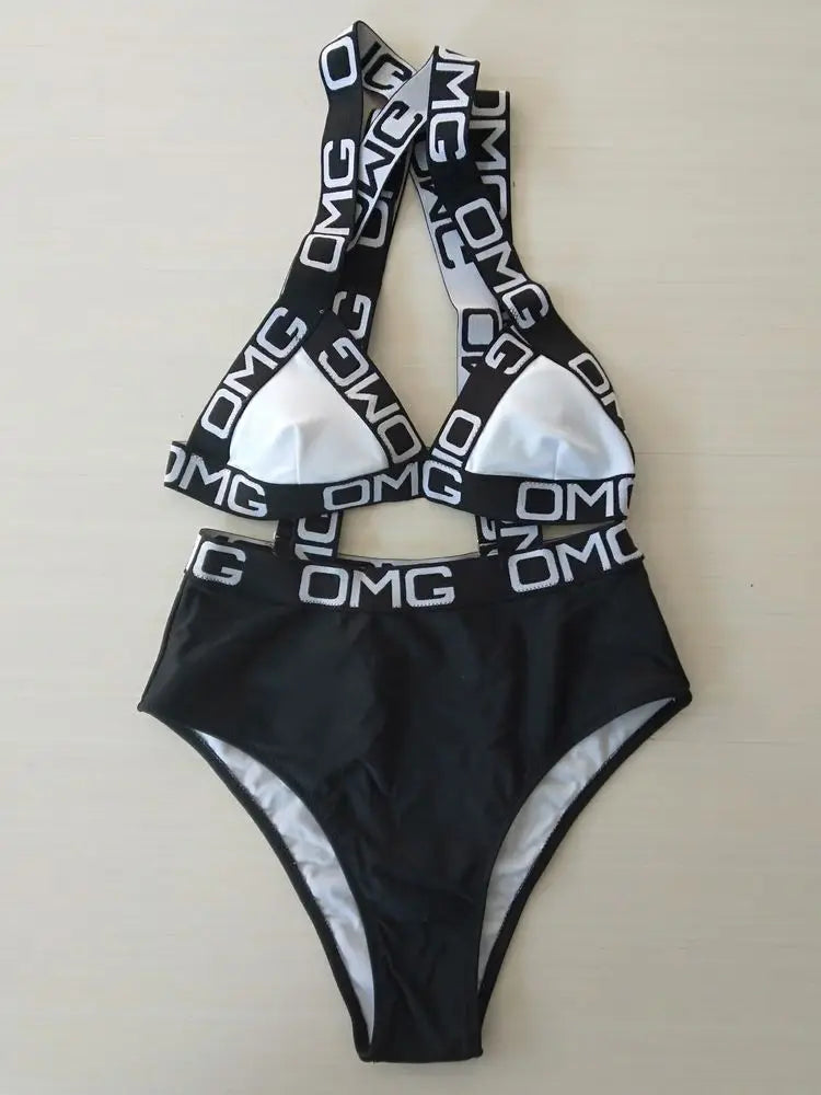 Neon Women Swimsuit Push Up Bikini Swimwear High Waist Bathing Suit OMG Letter Print One Piece Monokini Beachwear Swimsuit
