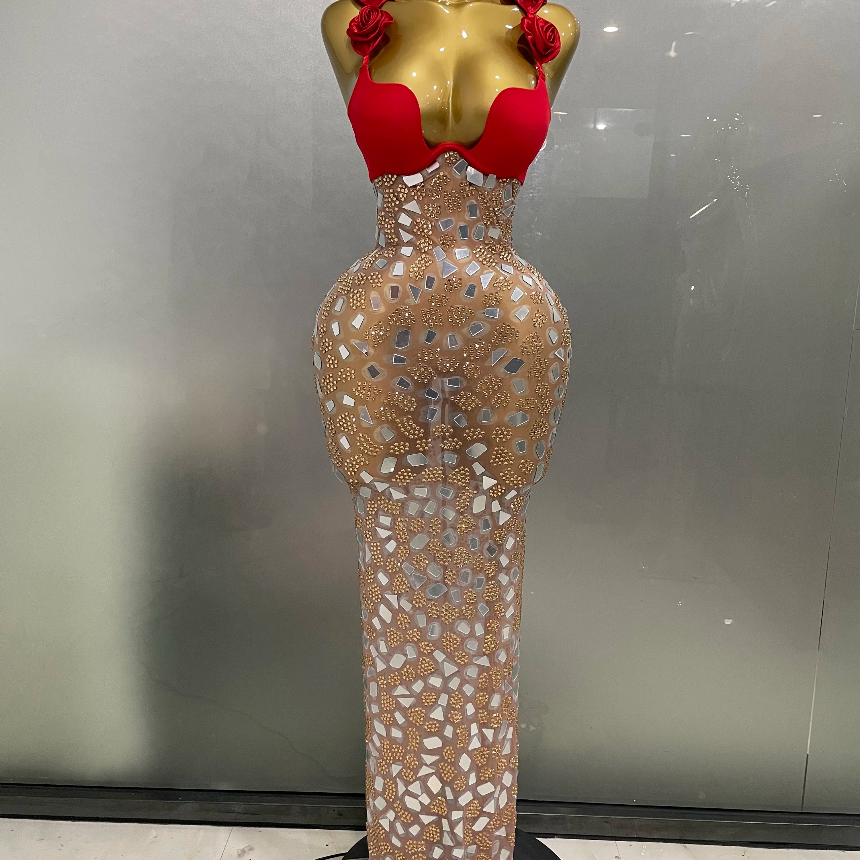 Sexy Sparkly Rhinestones Mesh Mirrors Red Roses Long Dress  2025 New Women Elegant Evening Party Club Stage performance Costume